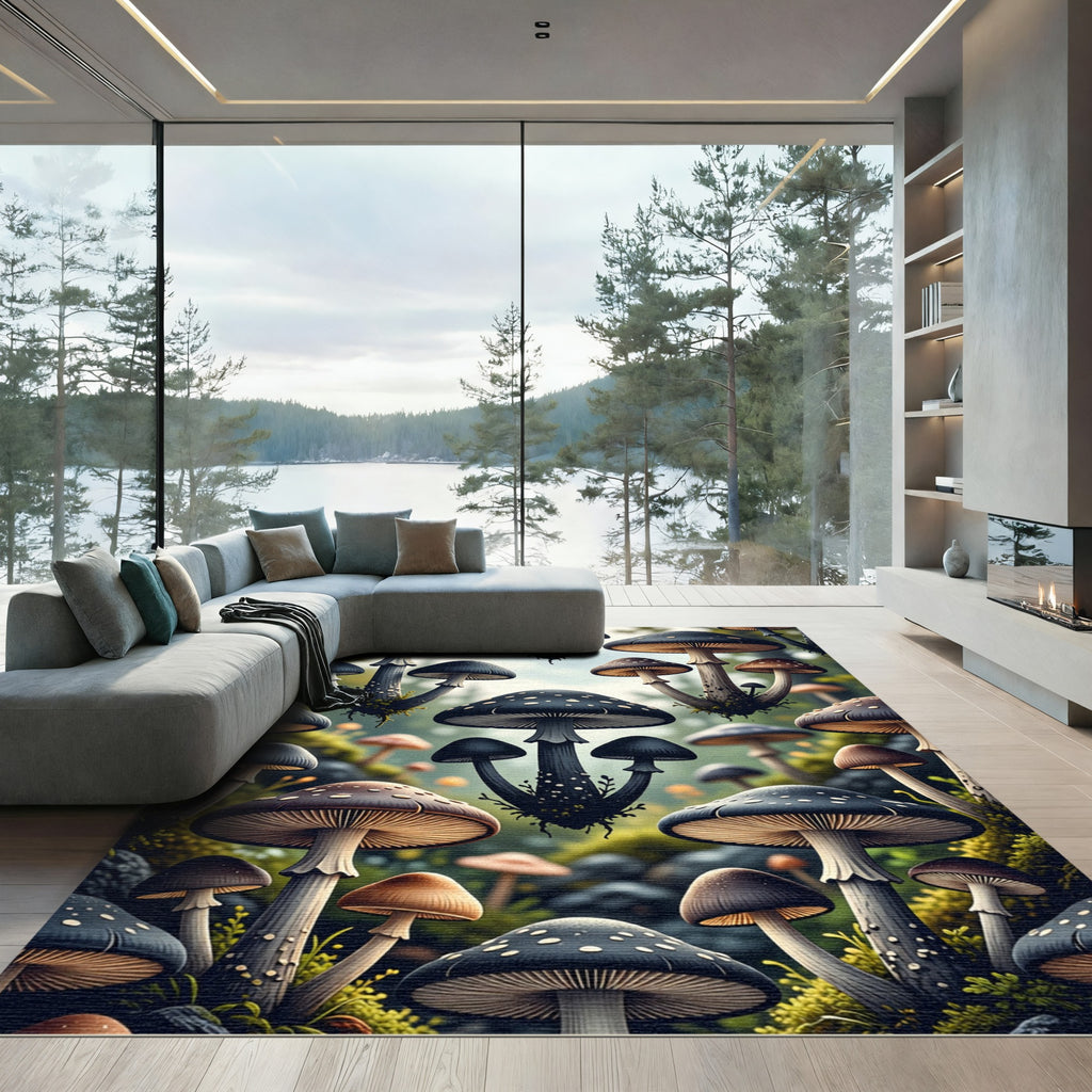 Whimsical Ethereal Black Mushroom Forest Rug