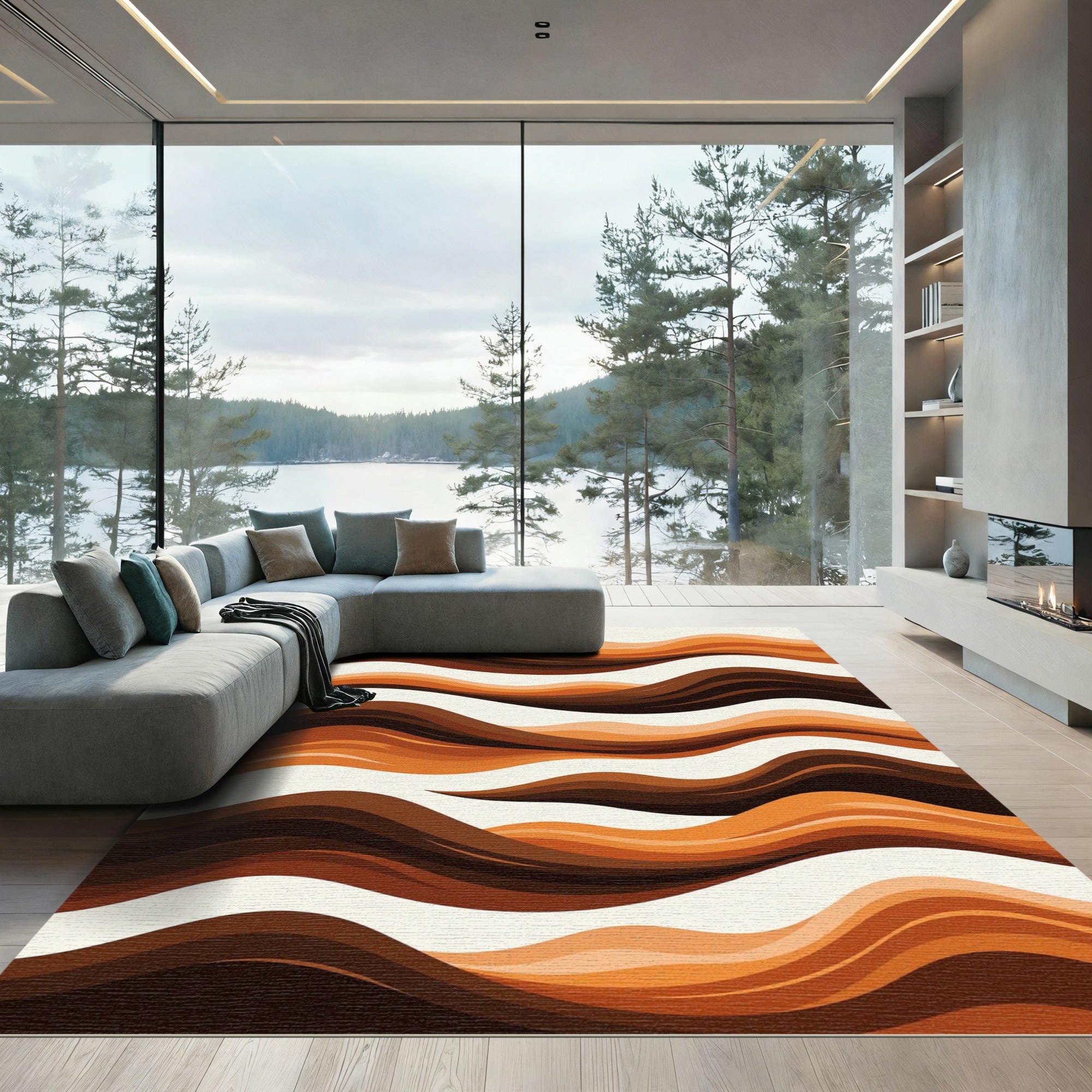 Abstract Earthy Brown Wave Stripe Rug