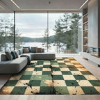 Distressed Sage And Cream Checkered Grid Rug