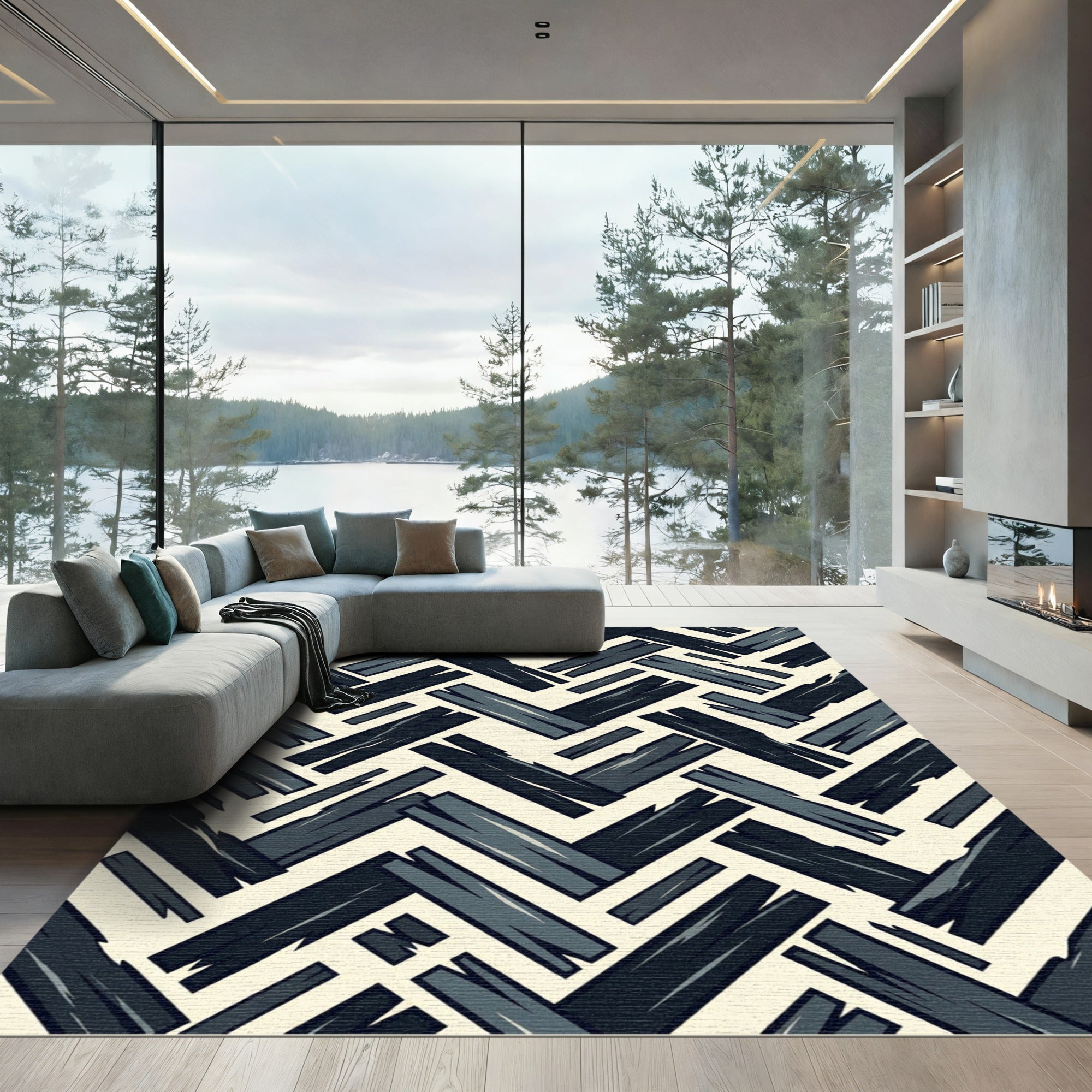 Dark Slate Gray Herringbone Wood Grain Rug