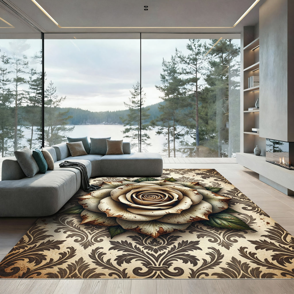Vintage Cream Rose Damask Rug