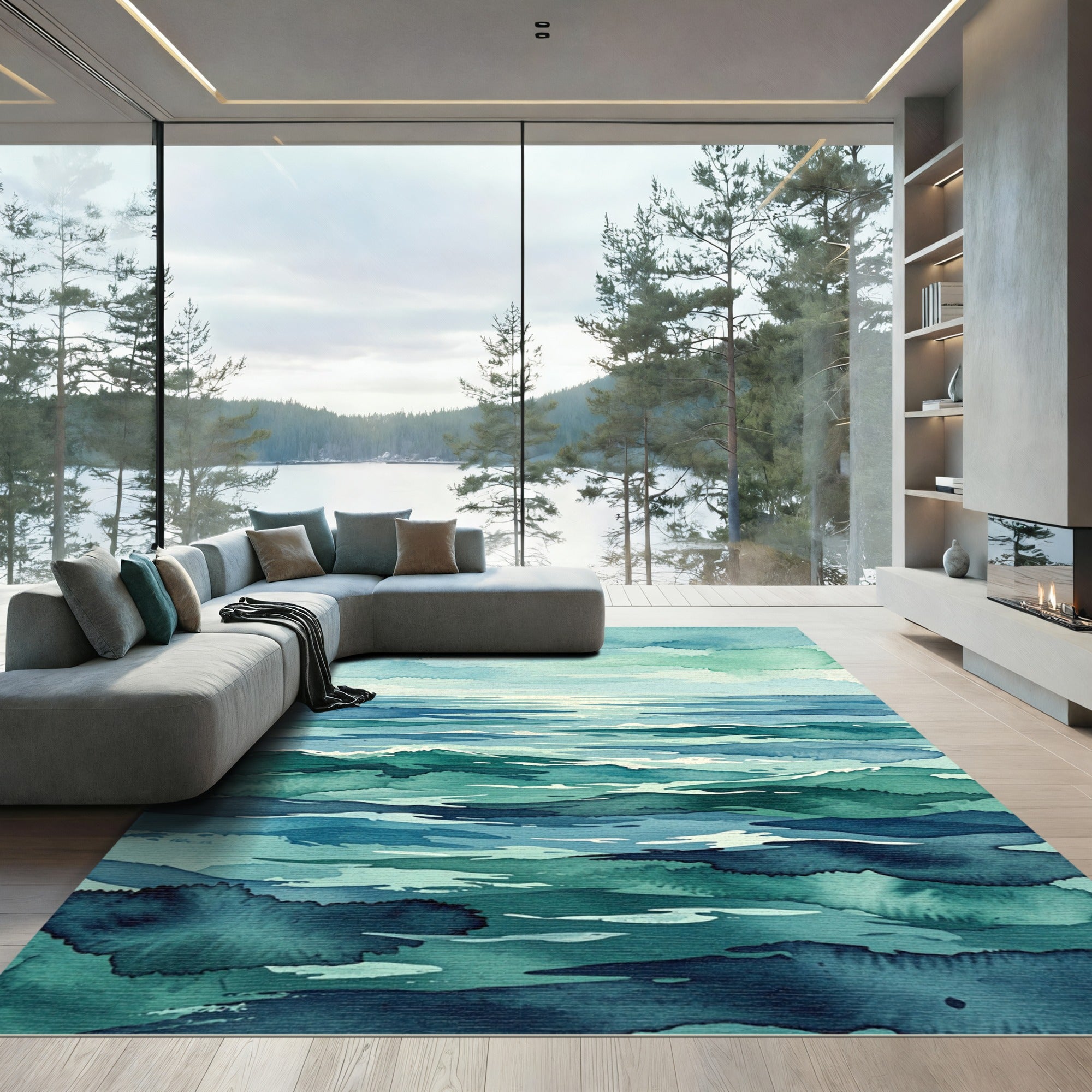 Abstract Teal Ocean Wave Landscape Rug