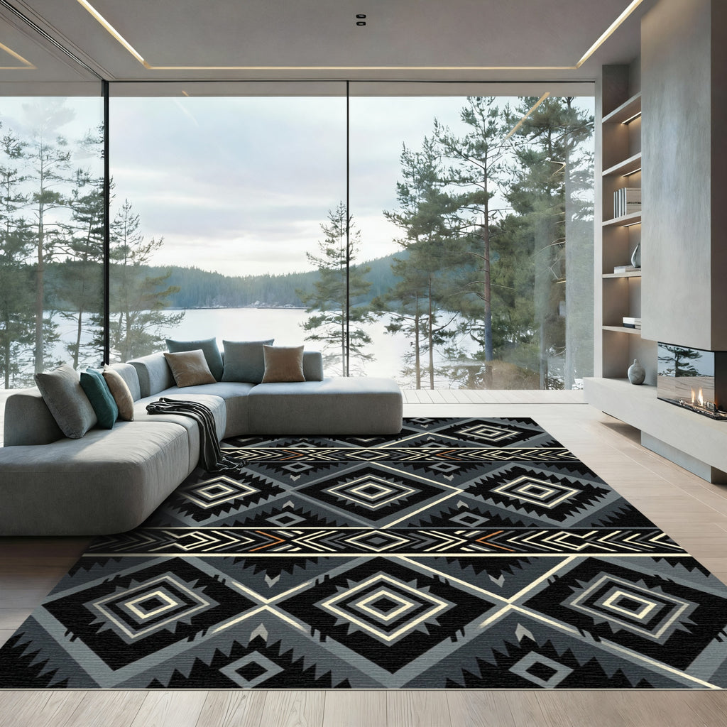 Tribal Diamond Black Gray Cream Rug