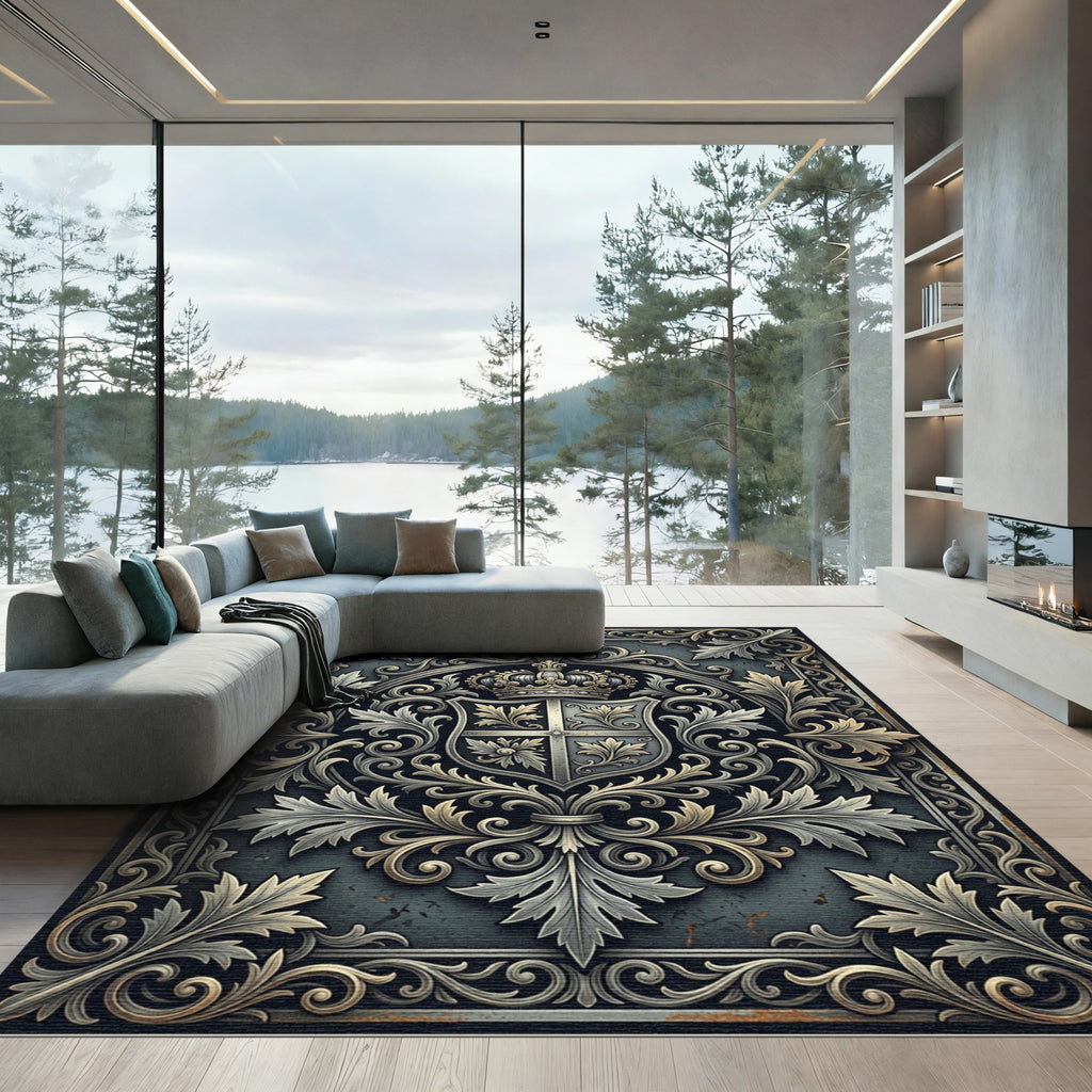 Ornate Silver Heraldic Crest Filigree Rug