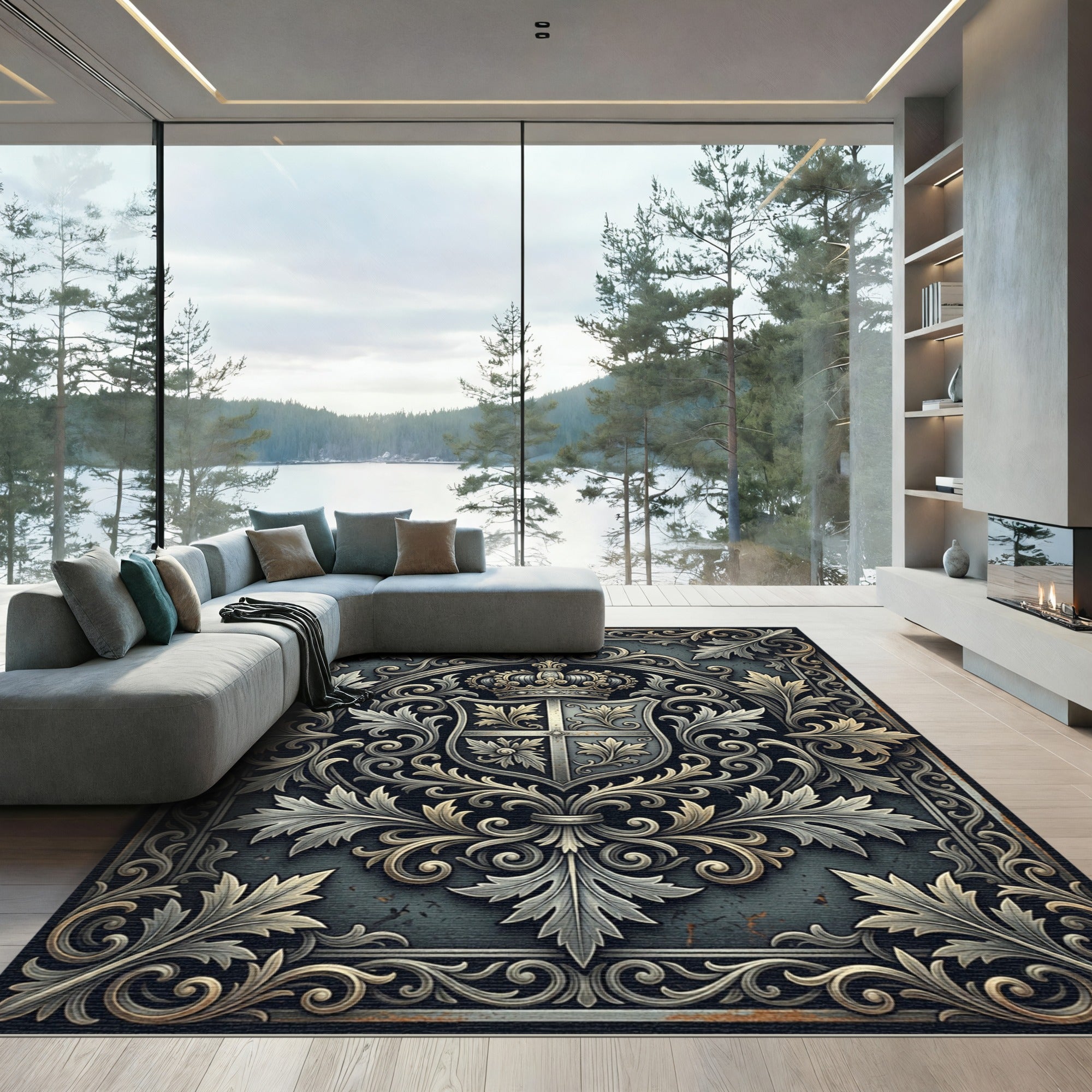Ornate Silver Heraldic Crest Filigree Rug