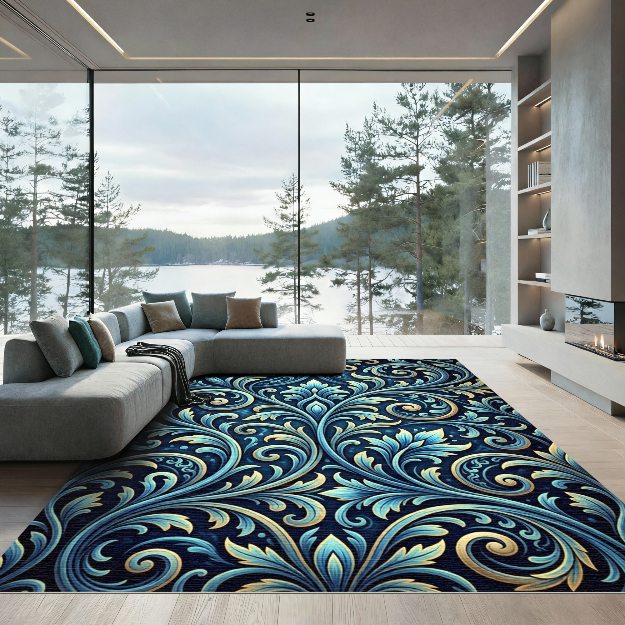 Ornate Blue Gold Acanthus Scroll Rug
