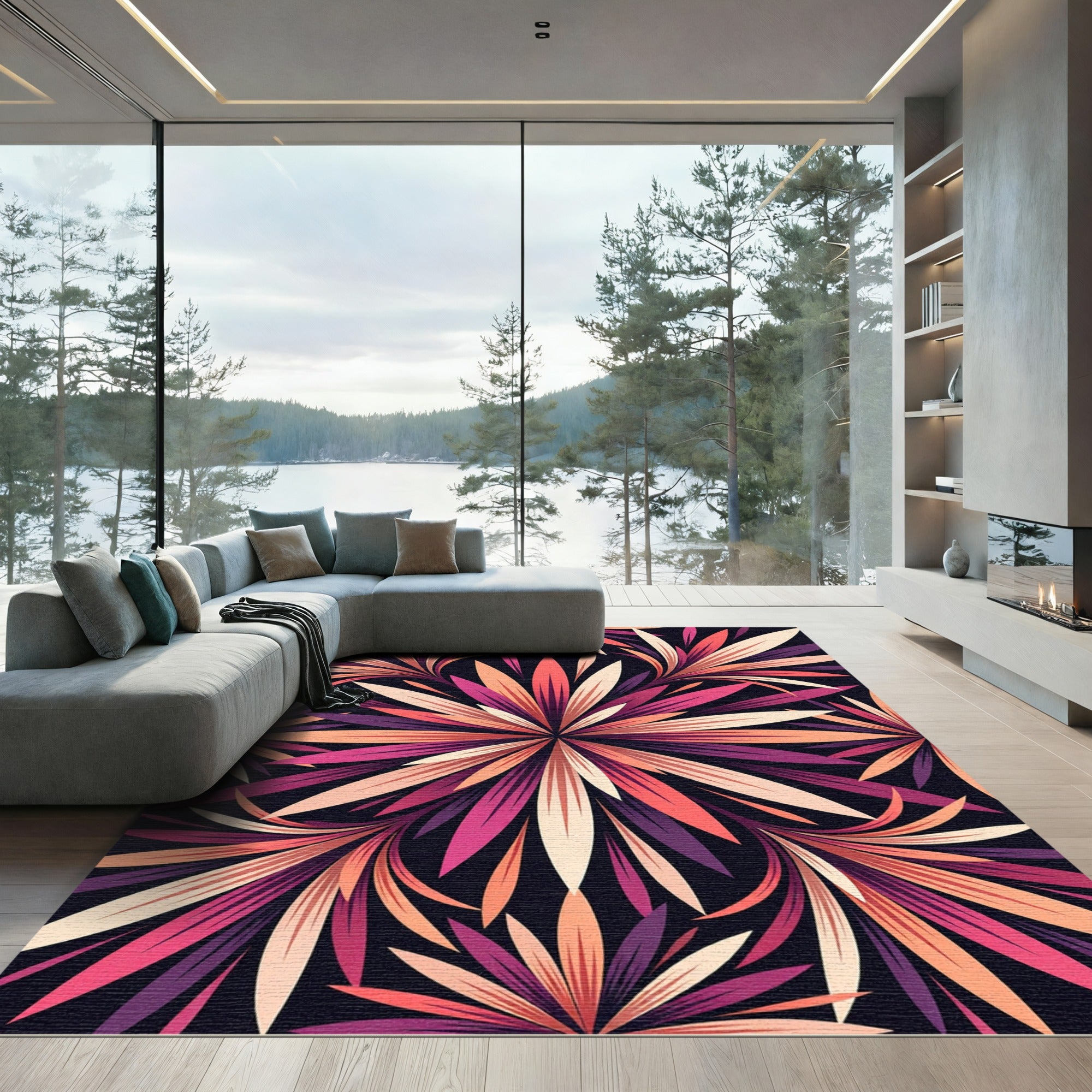 Vivid Coral Plum Floral Burst Rug