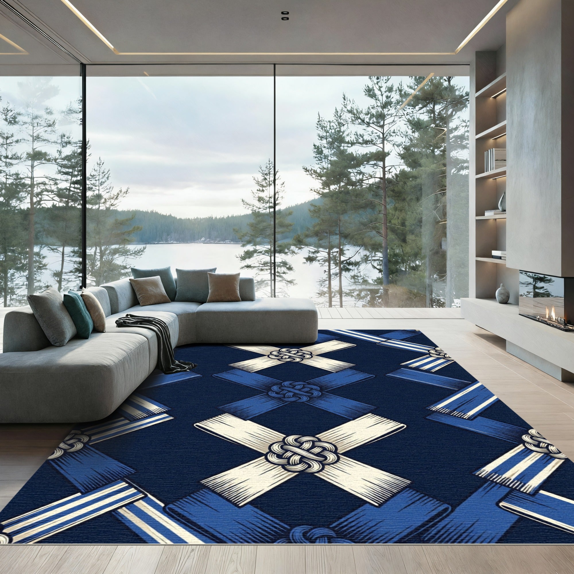 Indigo Geometric Lattice with Knotted Ribbon Rug