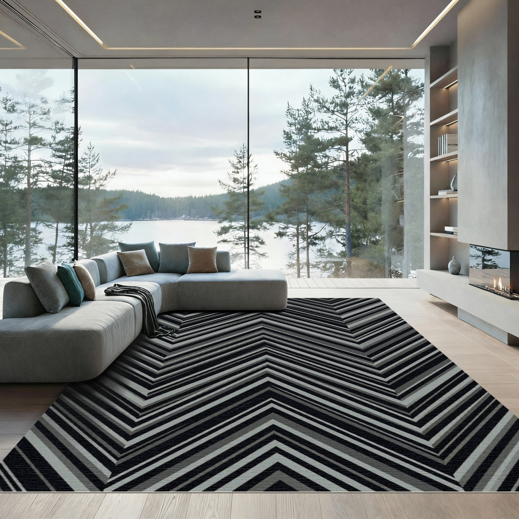 Monochrome Chevron Geometric Striped Rug