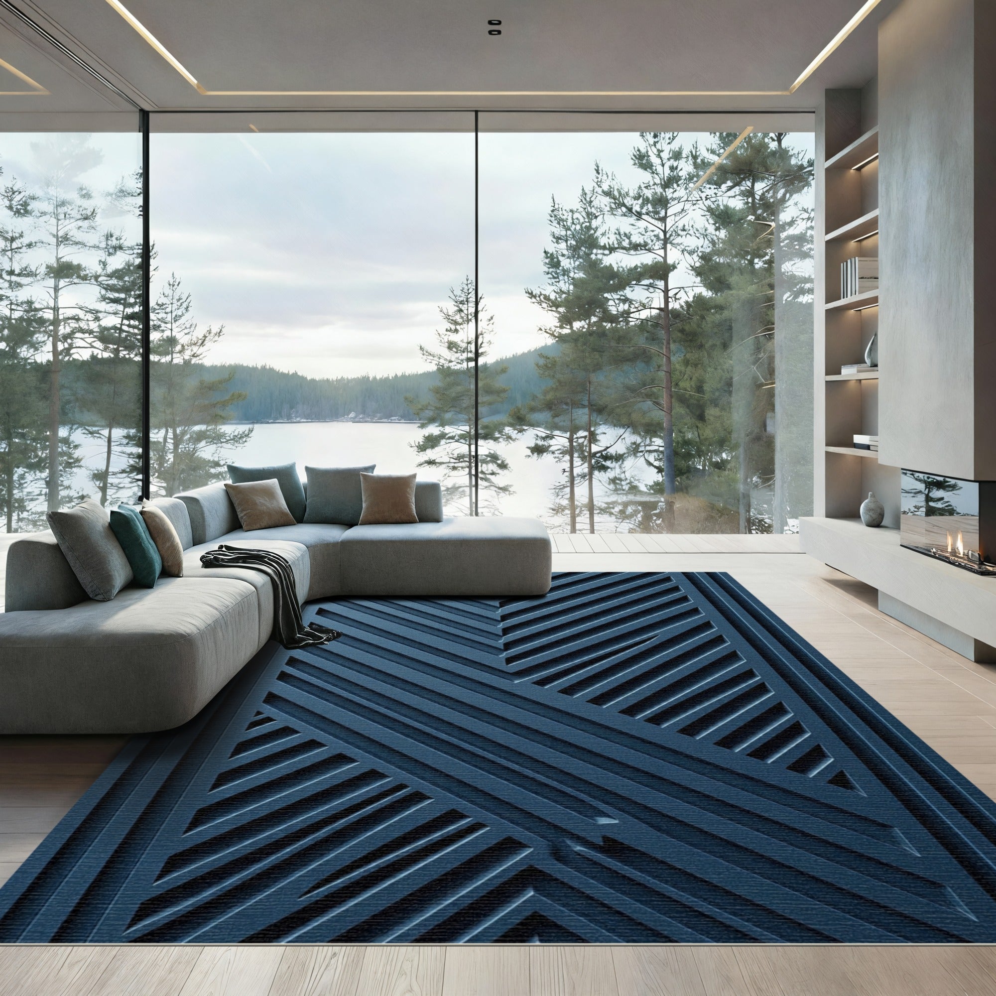 Midnight Blue Chevron Geometric Art Rug
