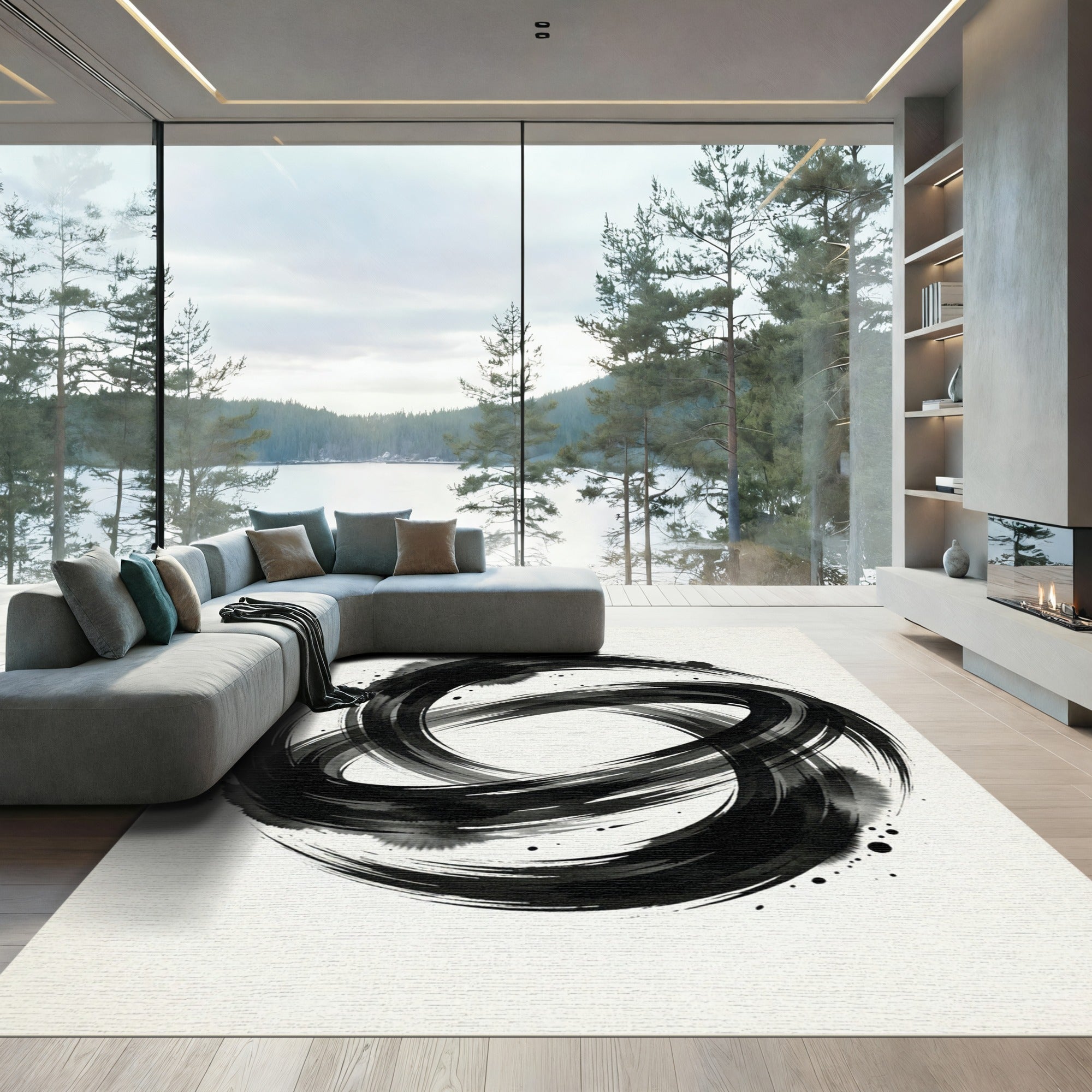 Ink Wash Black Swirl Circle Rug