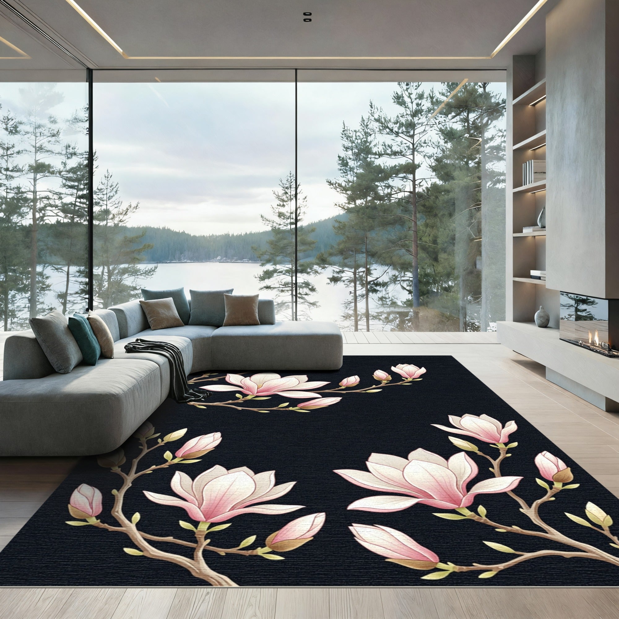 Blush Pink Magnolia Blossom Branches Rug