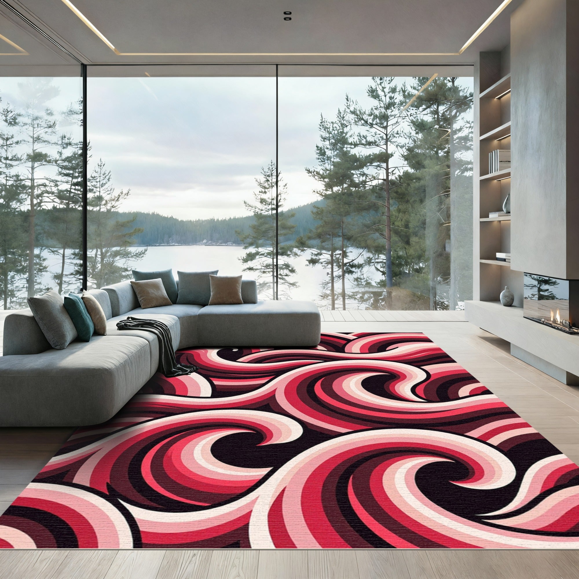 Crimson Pink Swirling Wave Abstract Rug