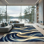 Deep Blue Cream Swirling Ocean Waves Rug