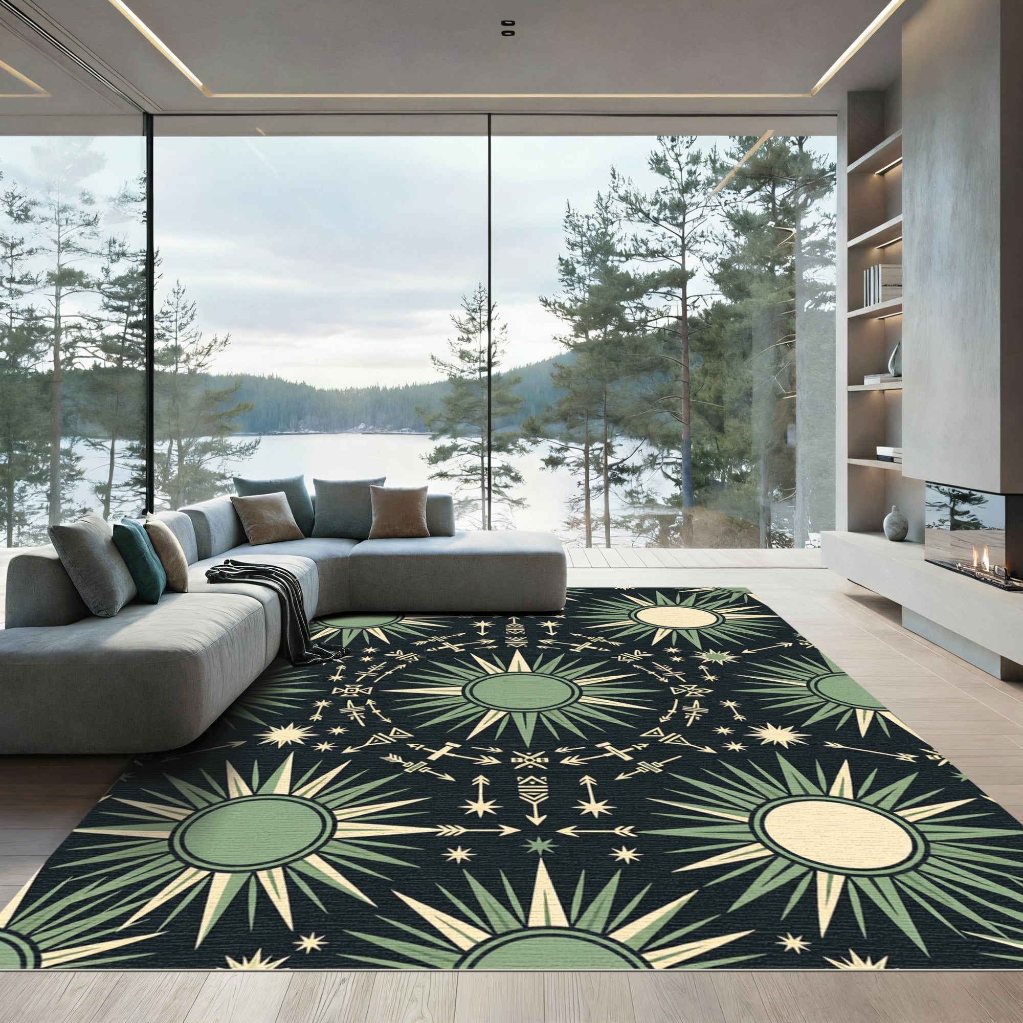 Sage Green Celestial Sunburst Arrow Rug