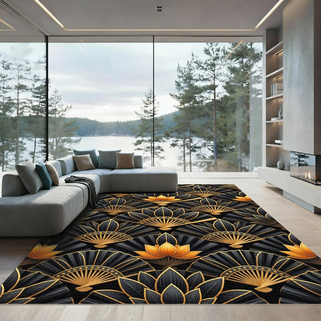Elegant Gold and Black Lotus Fan Rug