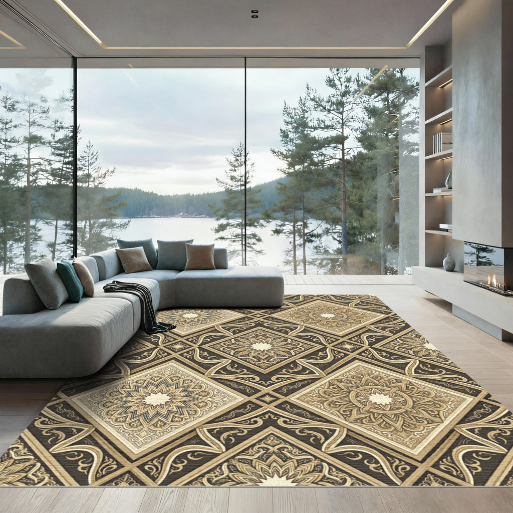 Elegant Gold Floral Diamond Medallion Rug