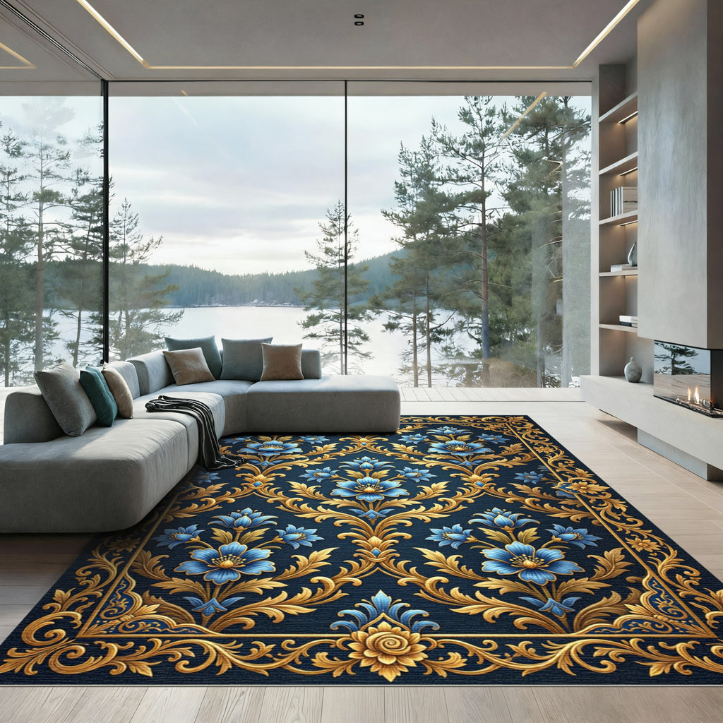 Ornate Navy Gold Floral Damask Rug