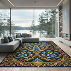 Ornate Navy Gold Floral Damask Rug