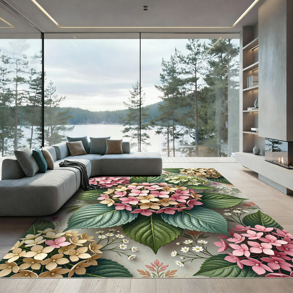 Pastel Pink and Cream Hydrangea Botanical Rug