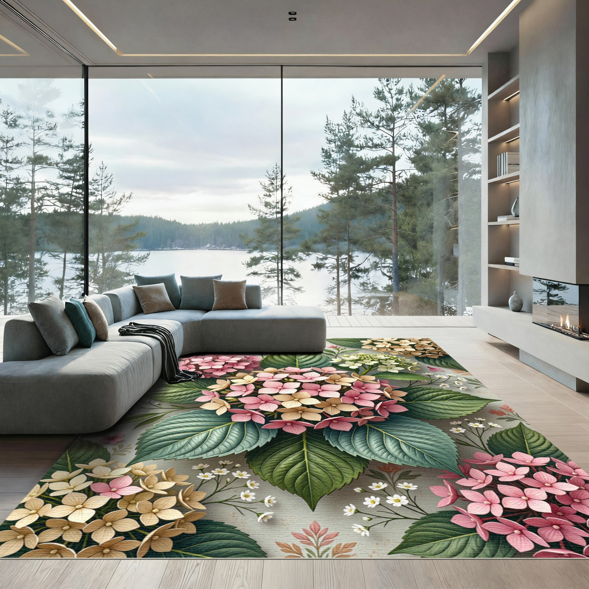 Pastel Pink and Cream Hydrangea Botanical Rug