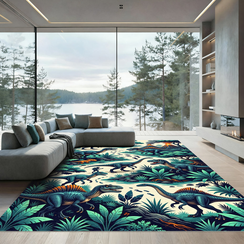 Vibrant Prehistoric Dinosaur Lush Jungle Landscape Rug