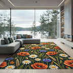 Vibrant Wildflower Meadow Poppy Daisy Field Rug