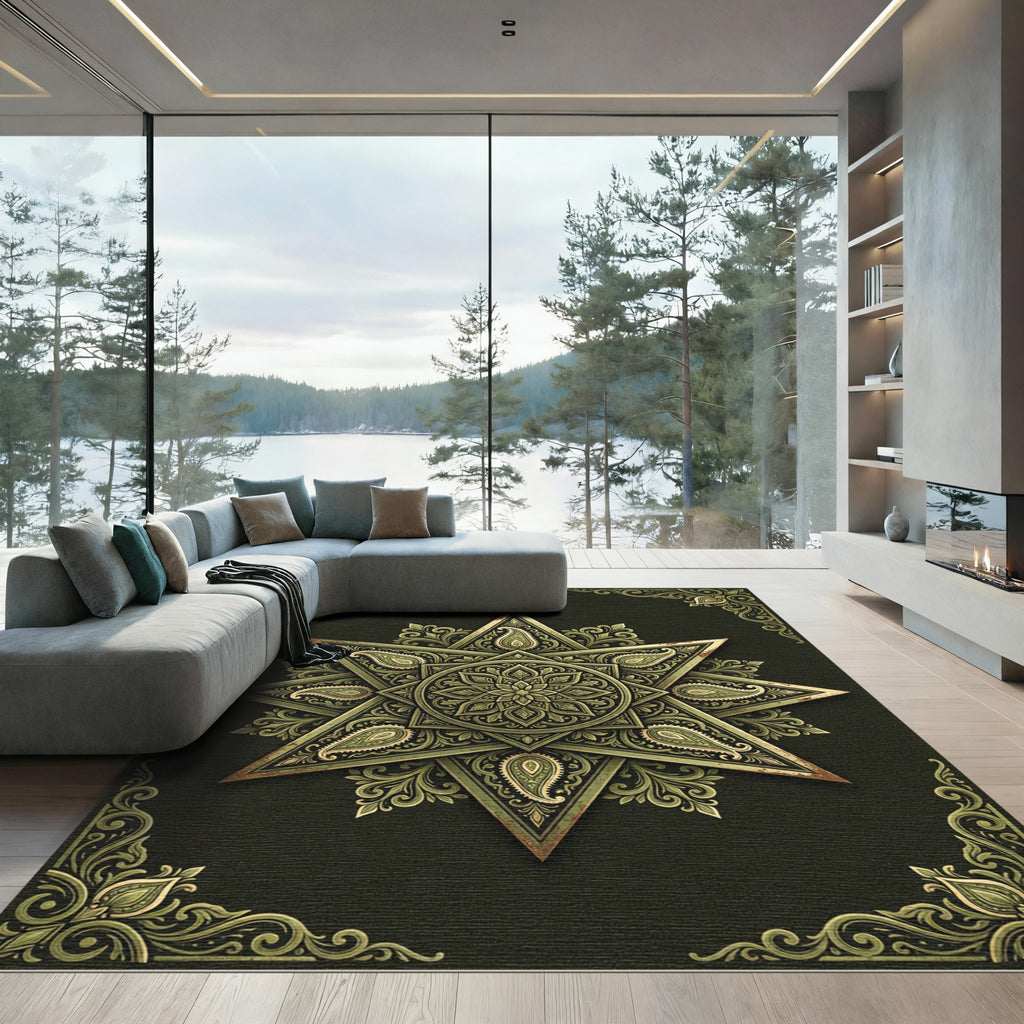 Sage Green Ornate Star Paisley Medallion Rug