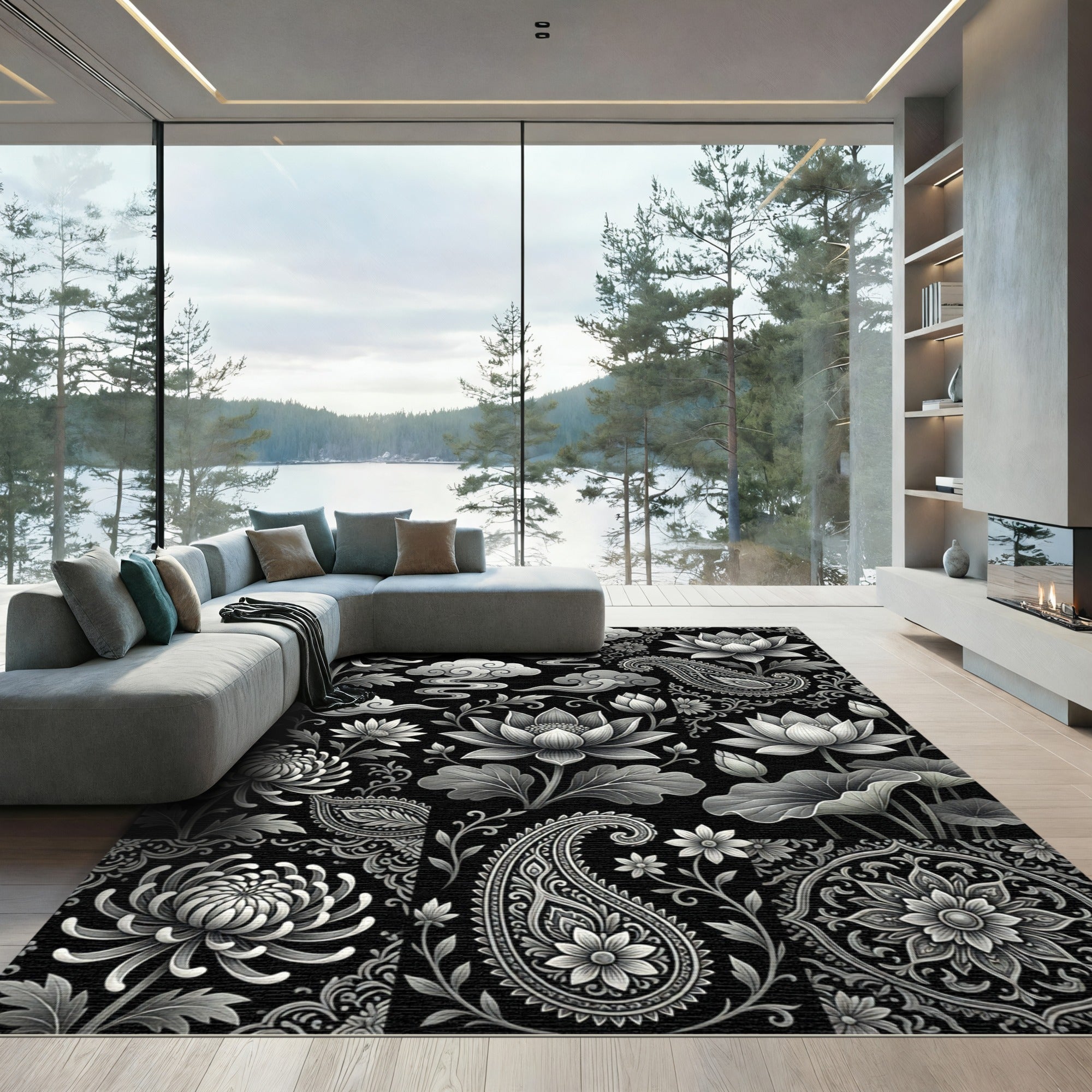Monochromatic Floral Paisley Cloud Collage Rug