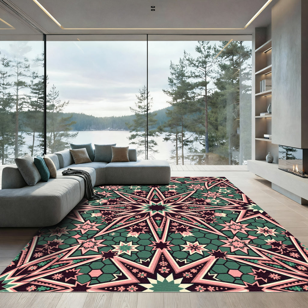 Pink Green Starburst Geometric Rug