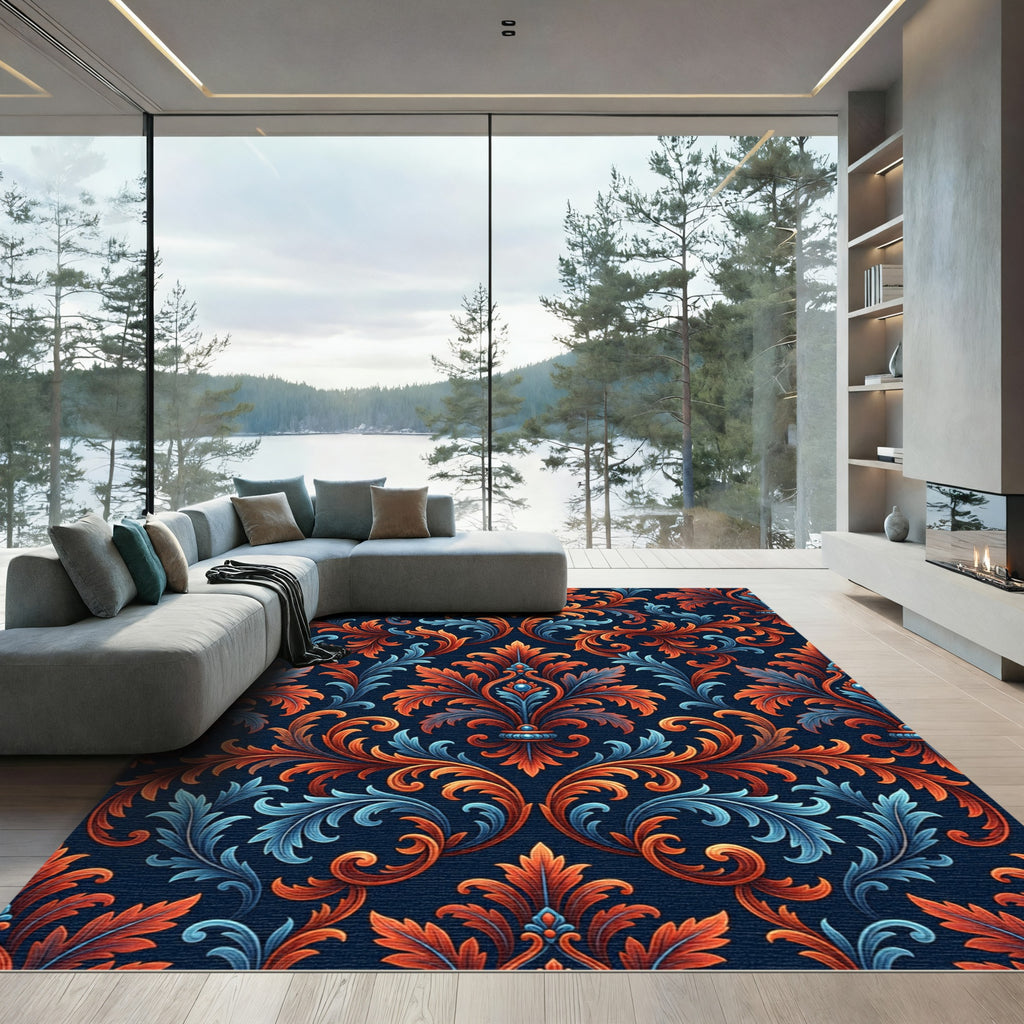 Ornate Burnt Orange Blue Damask Rug