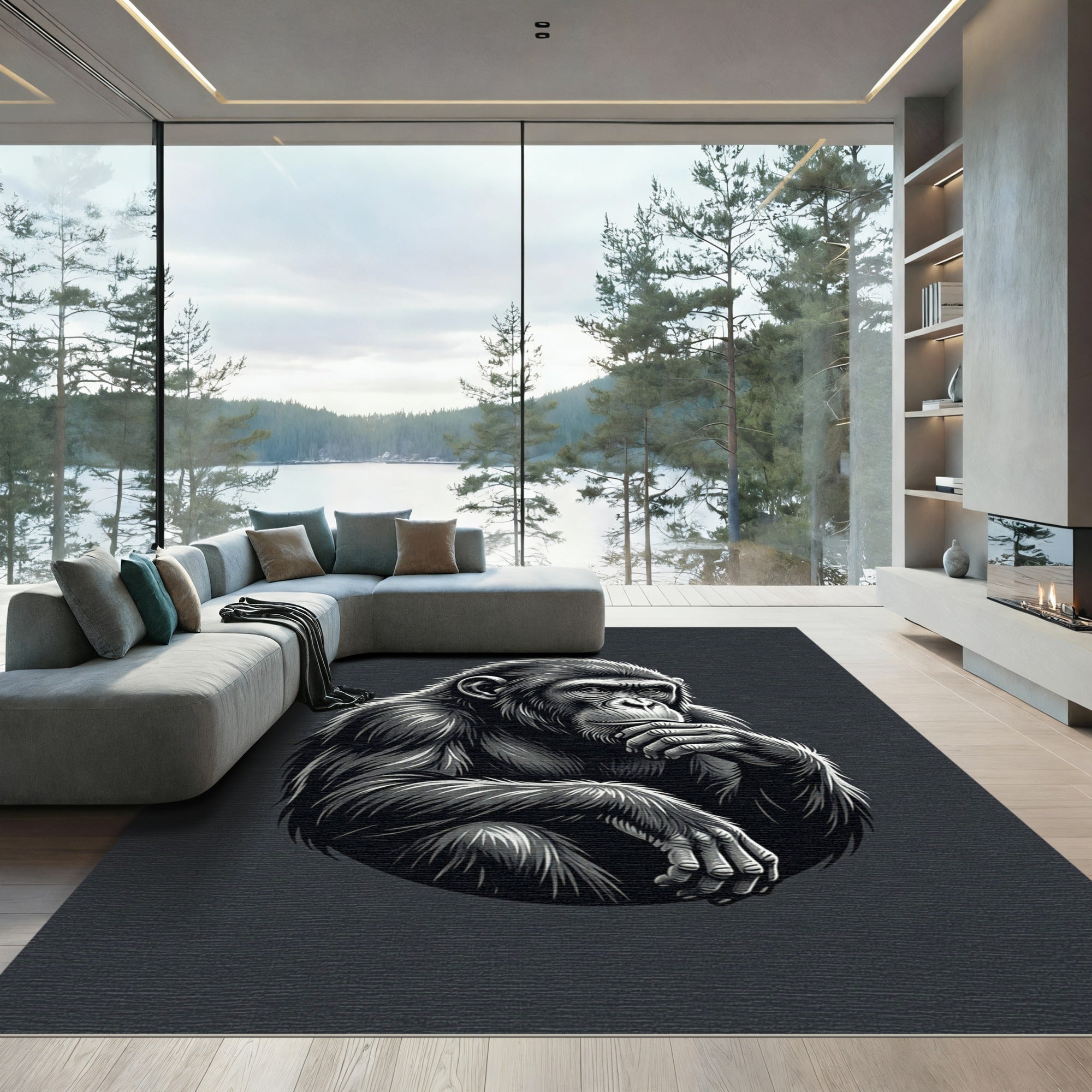 Contemplative Chimpanzee Monochromatic Charcoal Portrait Rug