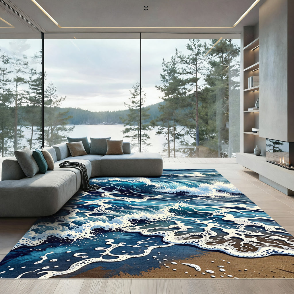Deep Ocean Blue Crashing Wave Rug