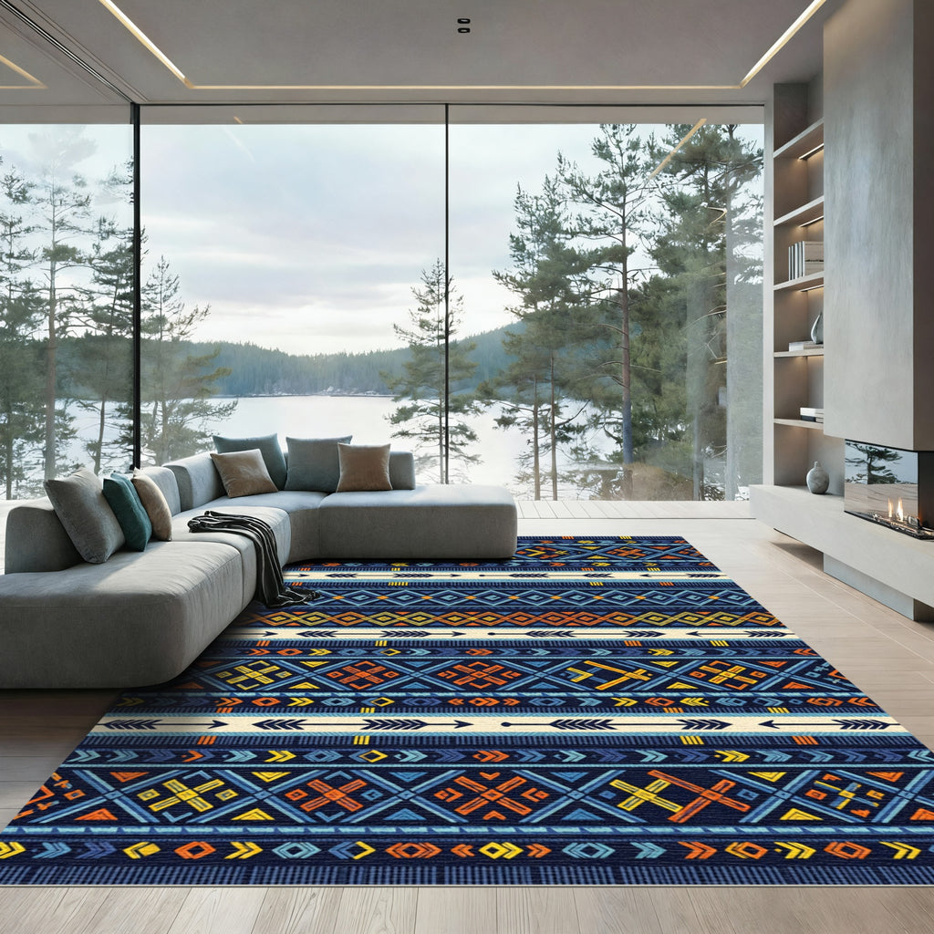 Bold Navy Geo Tribal Arrow Stripe Rug