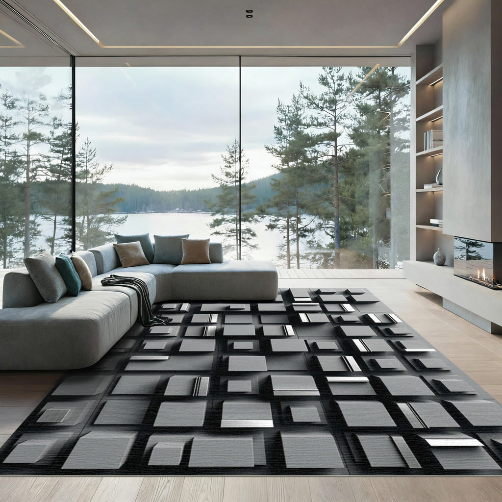 Minimalist Monochrome Geometric Cubist Sculpture Rug