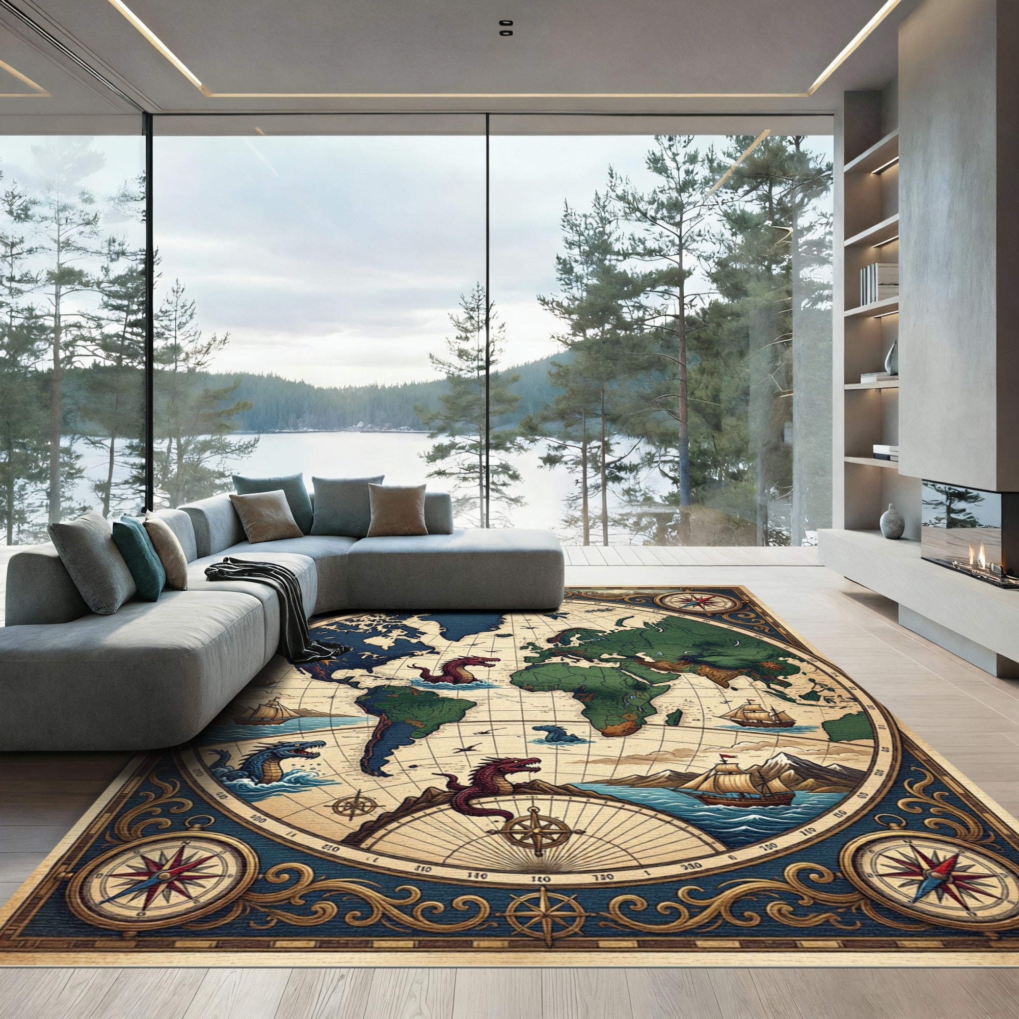 Antique Nautical Map Mythical Sea Creature Rug
