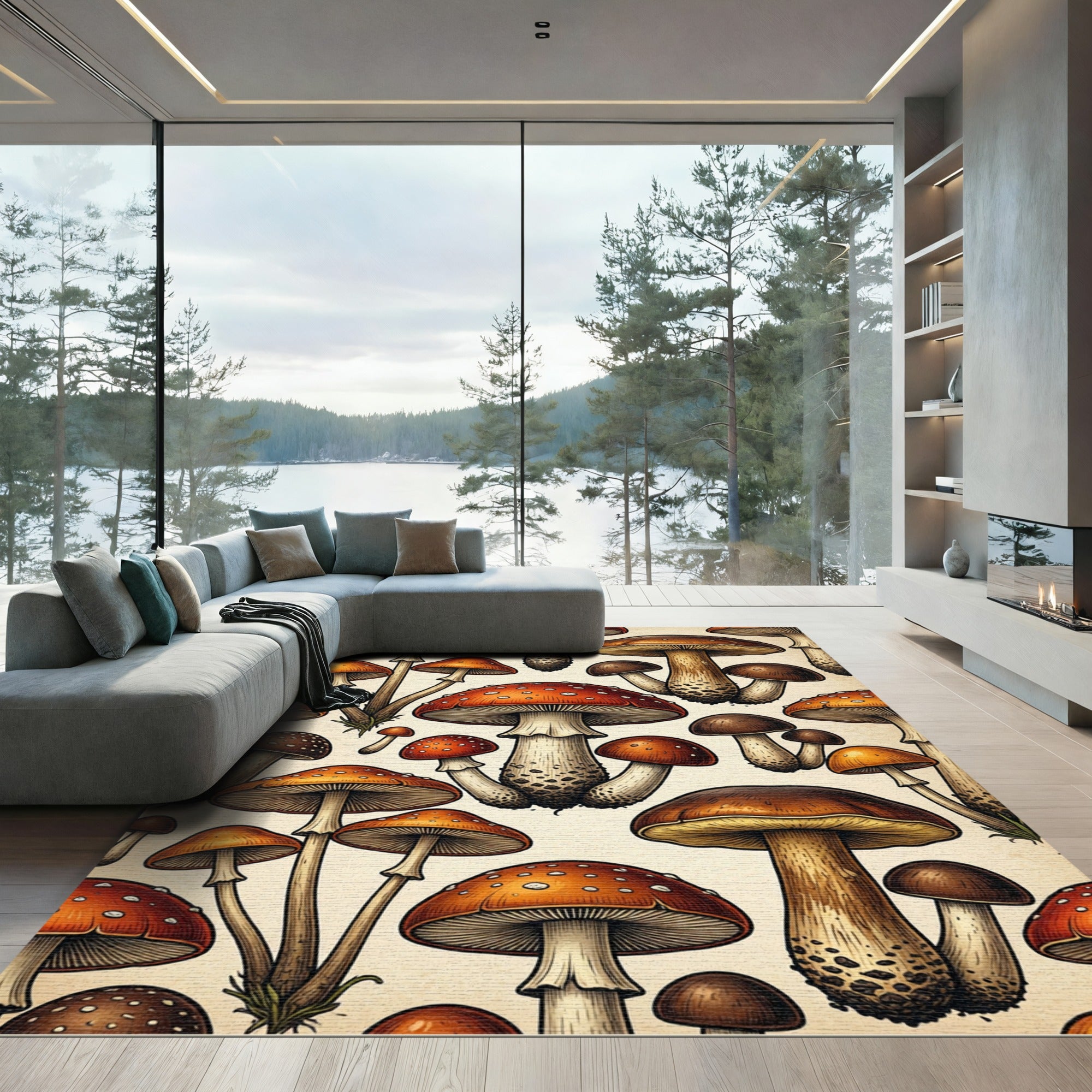 Vintage Botanical Mushroom Forest Illustration Rug