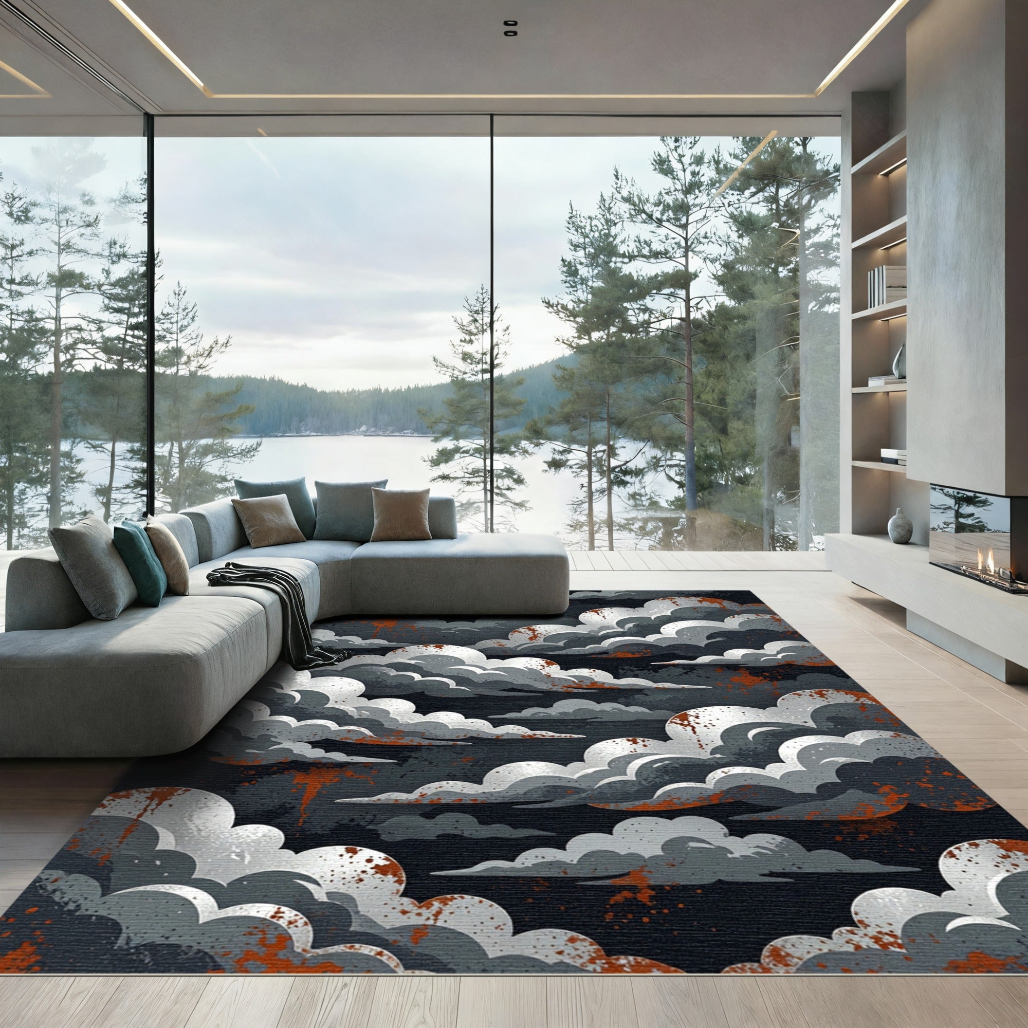 Dramatic Gray Clouds With Orange Splatter Rug