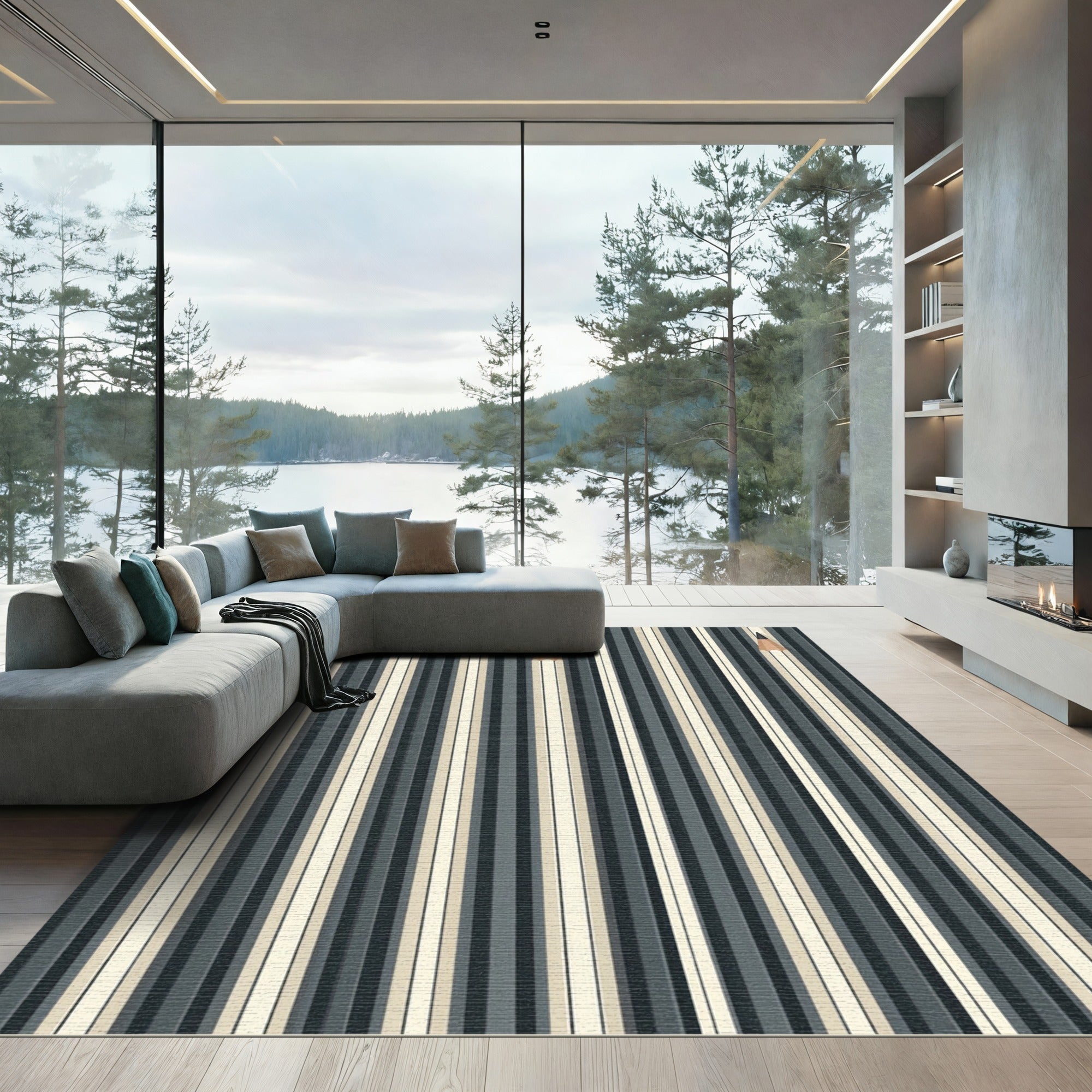 Minimalist Pencil Stripe Charcoal Cream Rug