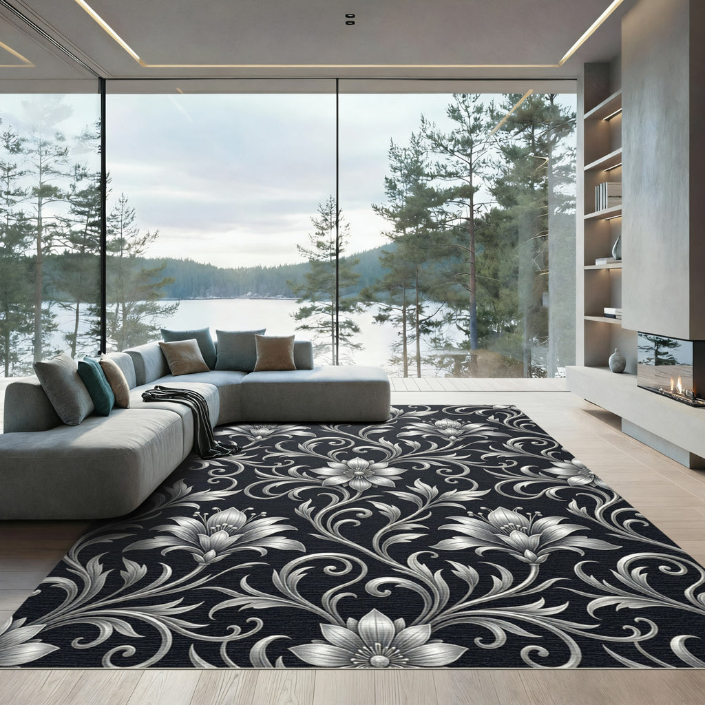 Silver Floral Scrollwork Dark Rug