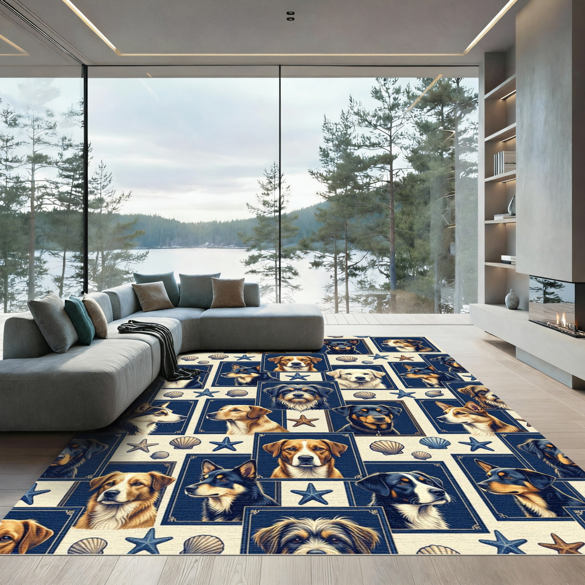 Nautical Dog Portraits with Starfish Rug