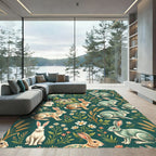 Whimsical Sage Green Folk Rabbit Meadow Rug