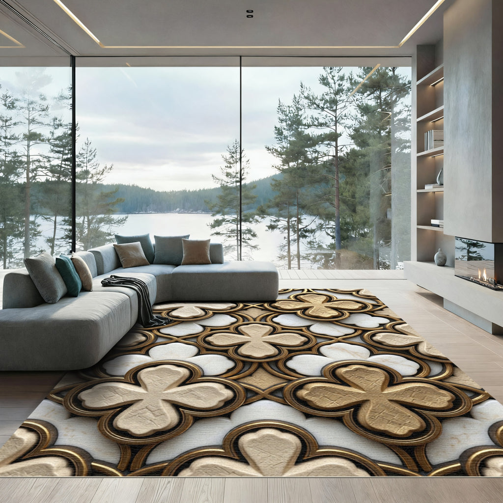 Gold Marble Quatrefoil Geometric Interlocking Rug