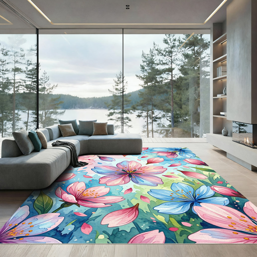 Watercolor Cherry Blossom Pastel Floral Rug