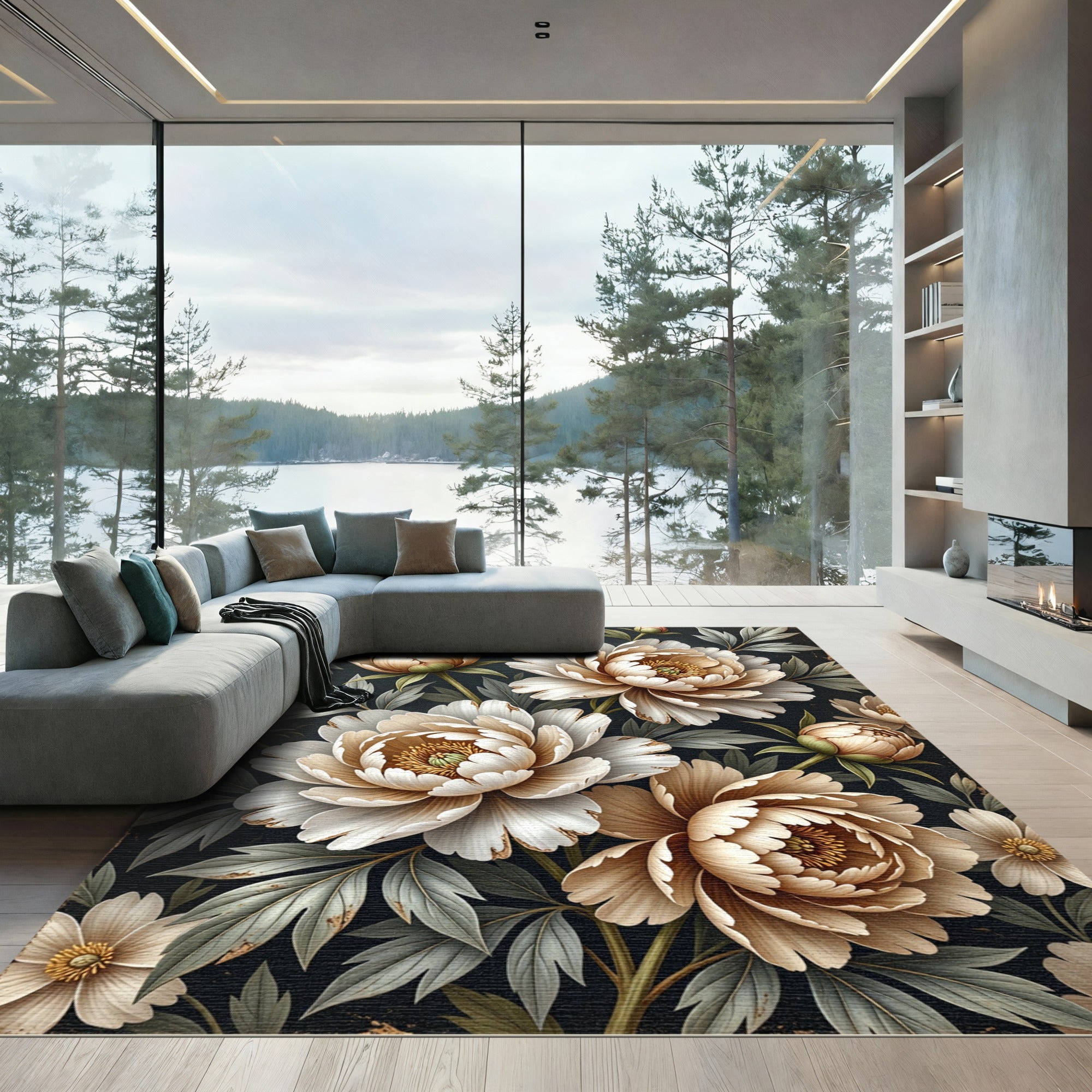 Creamy White Peony Floral Garden Rug
