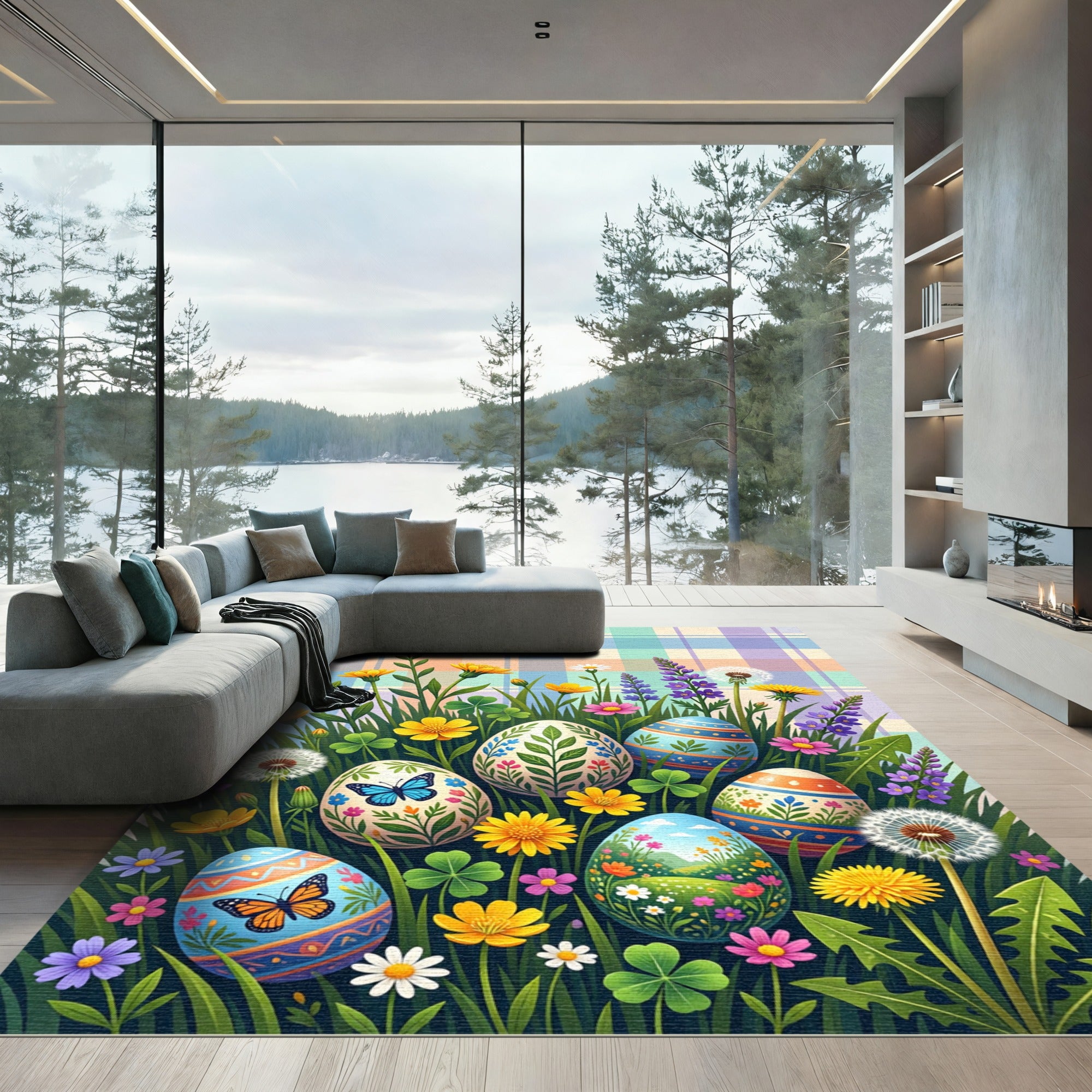 Pastel Plaid Meadow Floral Egg Rug