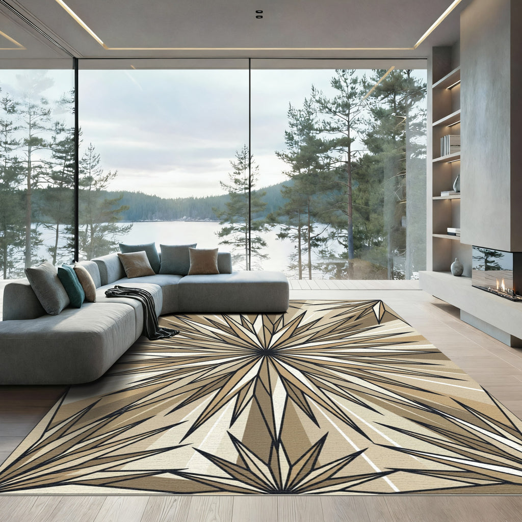 Midcentury Modern Golden Sunburst Geometric Rug