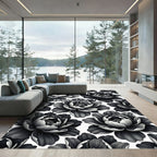 Dark Monochrome Floral Petal Repeat Rug