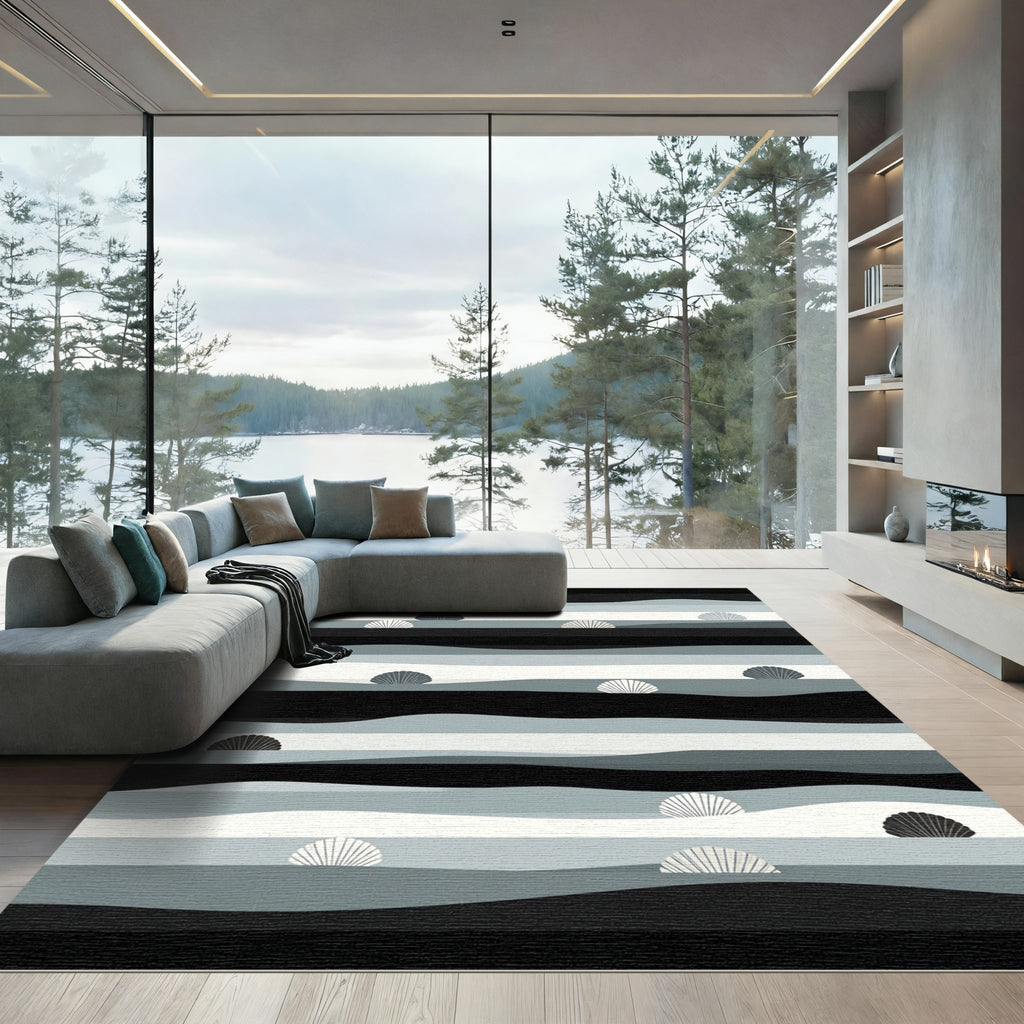 Minimalist Monochrome Wavy Shell Coastal Rug