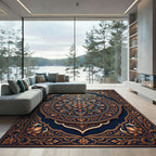 Ornate Navy Golden Floral Mandala Rug